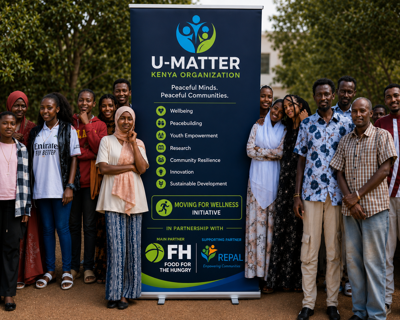 U-MATTER Kenya participants gathered around the Moving for Wellness banner