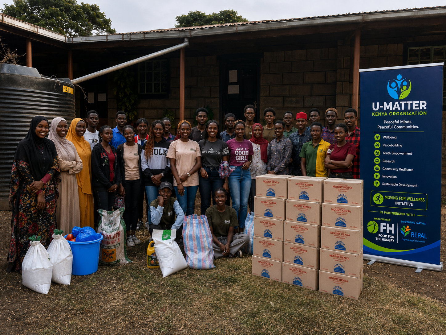U-MATTER Kenya youth cohort with donated food supplies during a Moving for Wellness community outreach