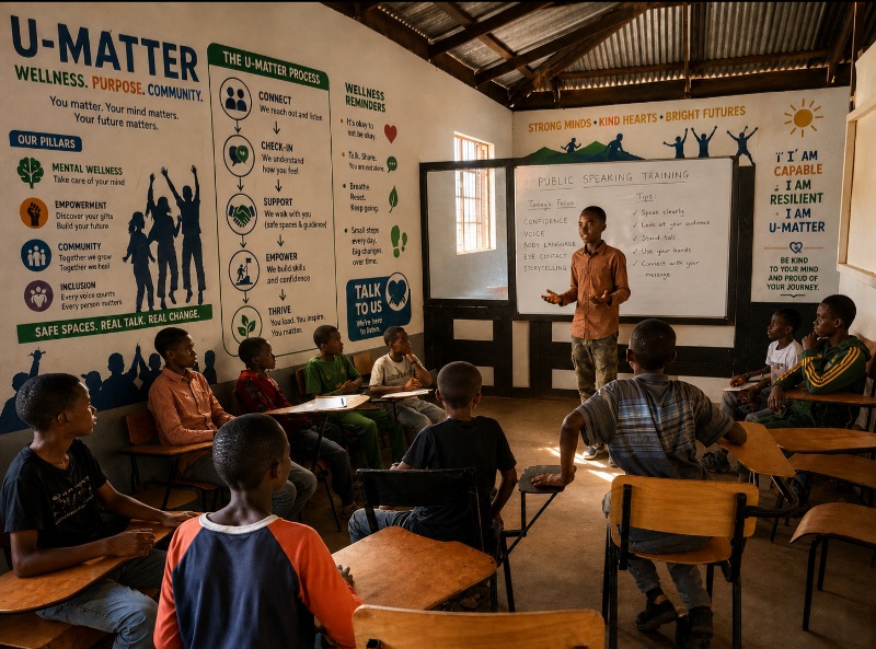 A teenager presenting to peers in a classroom with the U-MATTER wellness wall behind them